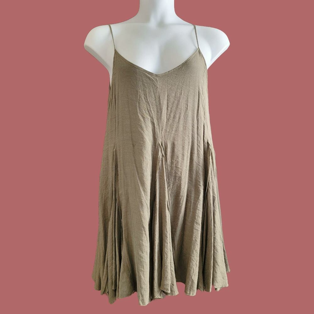 Strappy Olive Linen Sundress with Low Back and Full Skirt Size L by Wishlist